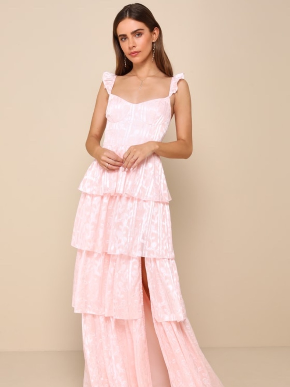 Lulus Stunning Glory Light Pink Floral Jacquard Tiered Maxi Dress - Size M